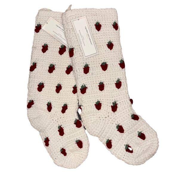 Cupcakes & Cashmere Crochet Knit White Christmas Stocking Strawberry Set Of 2 - Picture 1 of 4